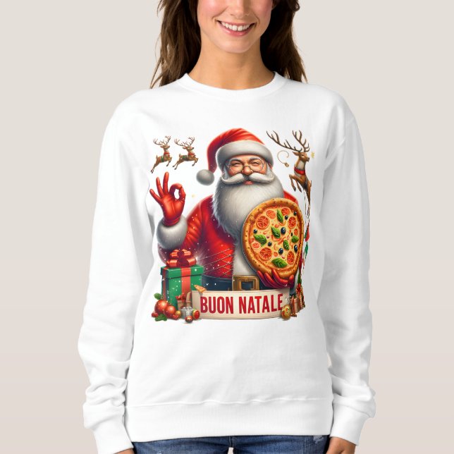 Buon Natale Italian Santa mit Pizza & Reindeer Sweatshirt (Vorderseite)