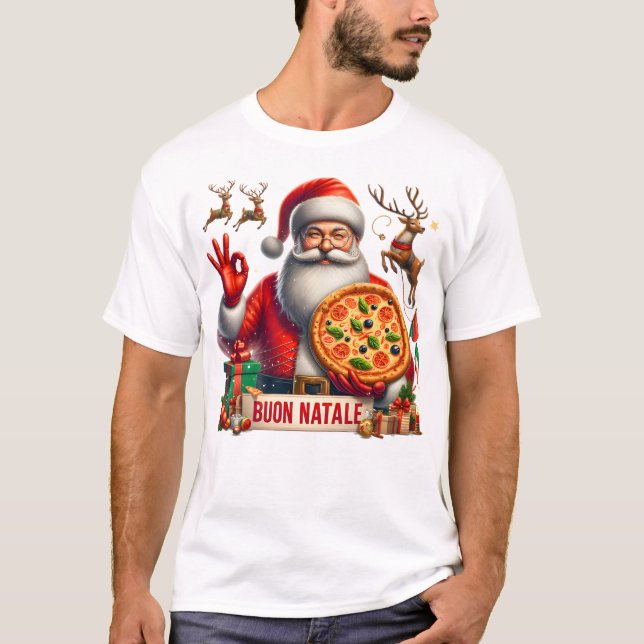 Buon Natale Italian Santa mit Pizza & Reindeer T-Shirt (Vorderseite)