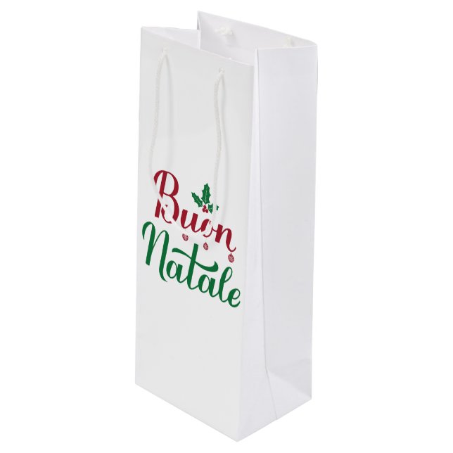 Buon Natale Red und Green Christmas Geschenktüte Für Weinflaschen (Vorderseite Schrägansicht)
