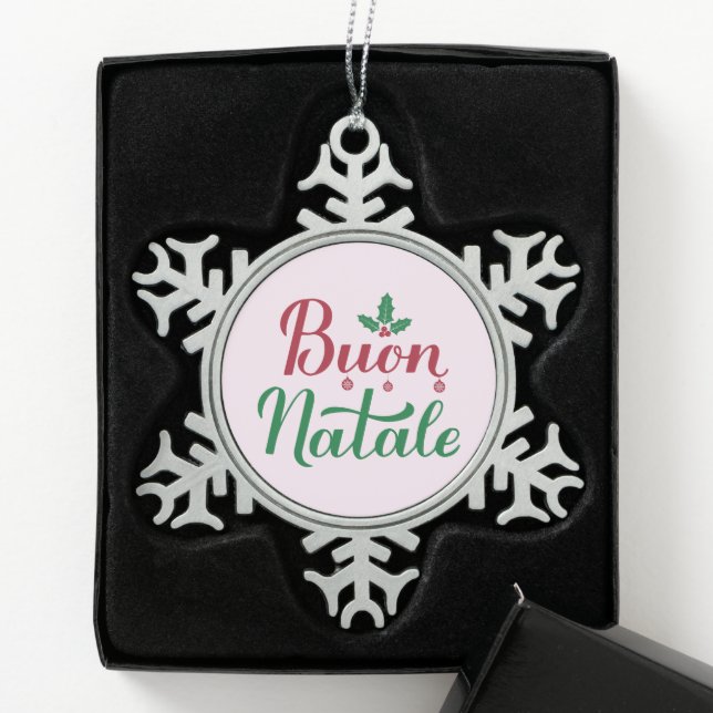 Buon Natale Red und Green Italia Weihnachten Schneeflocken Zinn-Ornament (Box)