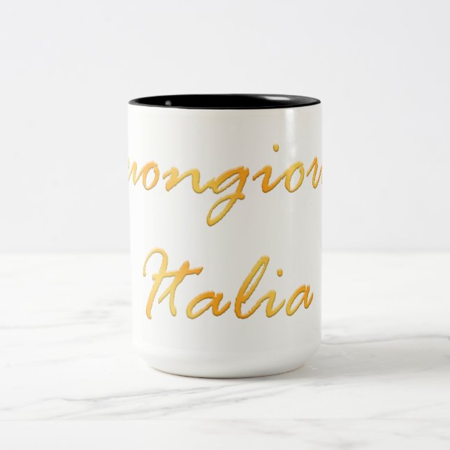 Buongiorno Italien. Goldener Steigungstext Zweifarbige Tasse (Mittel)