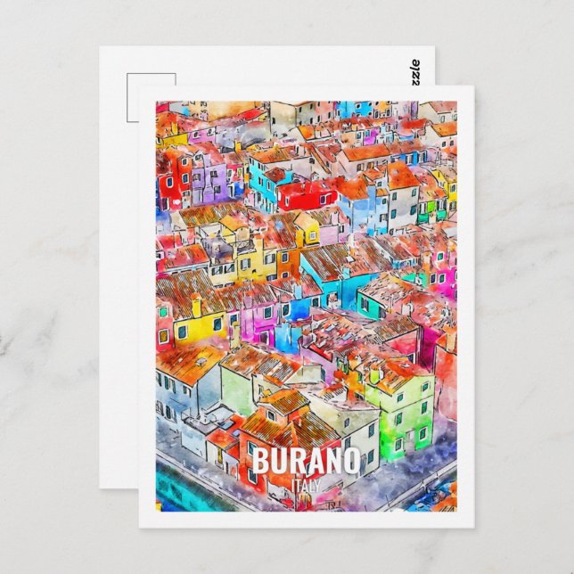 Burano Italien Berühmter Platz Wasserfarben Postkarte (Vorne/Hinten)