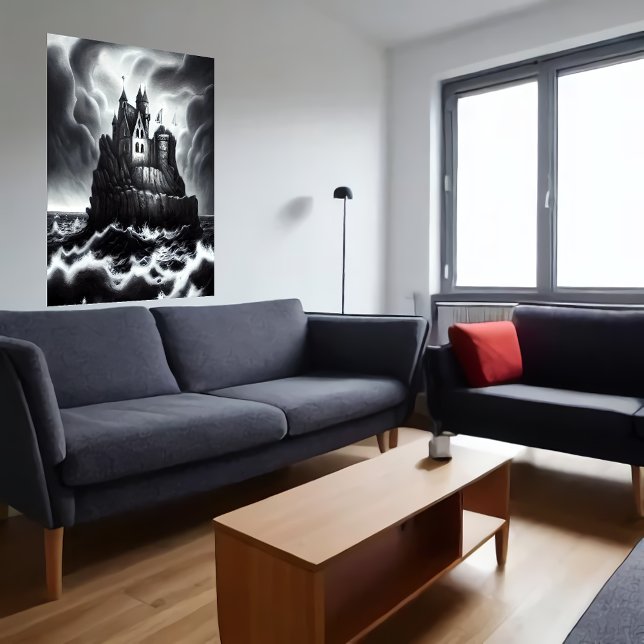 Burg auf Felsen im Sturmmeer | AI Art Poster (Von Creator hochgeladen)