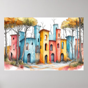 Burg Burg Illustration Pastell Farbe Zeichnend Poster