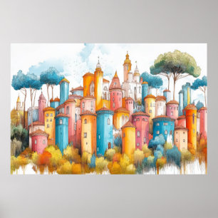 Burg Burg Illustration Pastell Farbe Zeichnend Poster