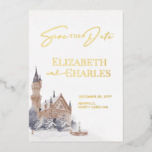 Burg Englischer Manor Alte Kirche Save the Date Folieneinladung