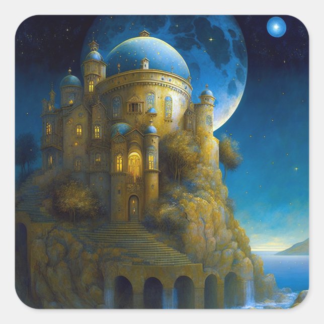 Burg Fantasy Moon Landschaft Quadratischer Aufkleber (Vorderseite)