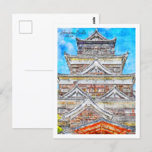 Burg Hiroshima Japan Reiseort Wasserfarbe Postkarte