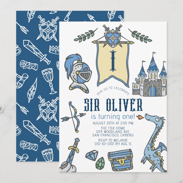 Burg Knight Dragon Mittelalterlicher Junge 1. Gebu Einladung (Vorne/Hinten)