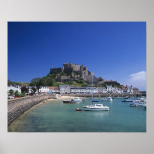 Burg Mount Orgueil und Hafen, Gorey, Jersey Poster