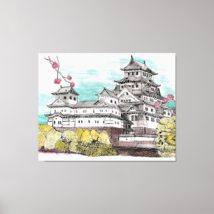 Burg Osaka Japan Aquarelle Illustration Leinwanddruck