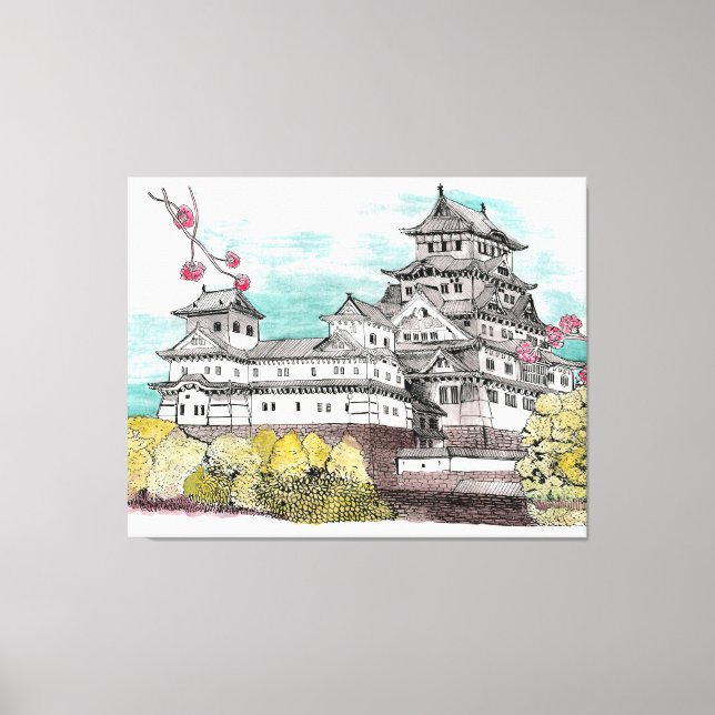 Burg Osaka Japan Aquarelle Illustration Leinwanddruck (Vorderseite)