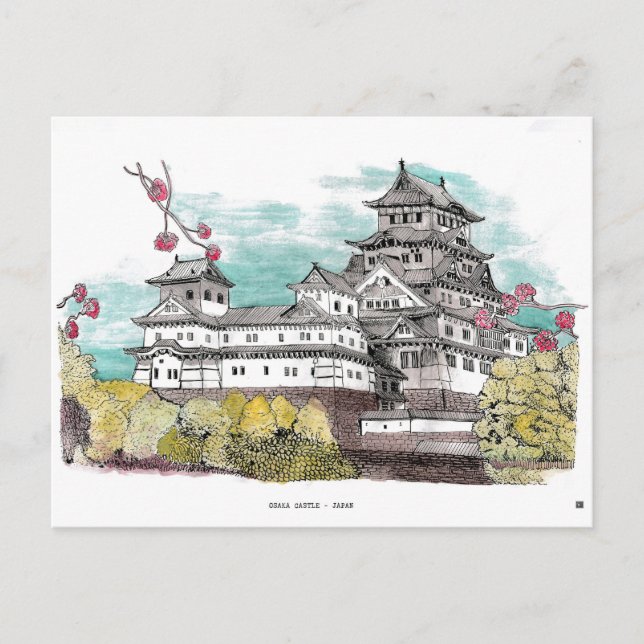 Burg Osaka Japan Aquarelle Illustration Postkarte (Vorderseite)