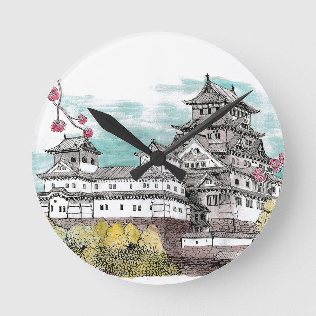 Burg Osaka Japan Aquarelle Illustration Runde Wanduhr (Vorderseite)
