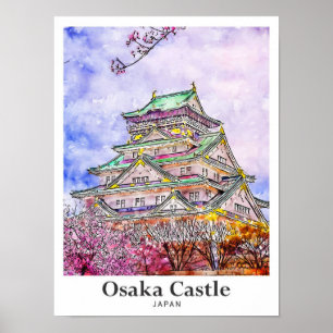 Burg Osaka Japan Reisen Wasserfarben Hand gezogen Poster