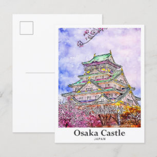 Burg Osaka Japan Reisen Wasserfarben Hand gezogen Postkarte
