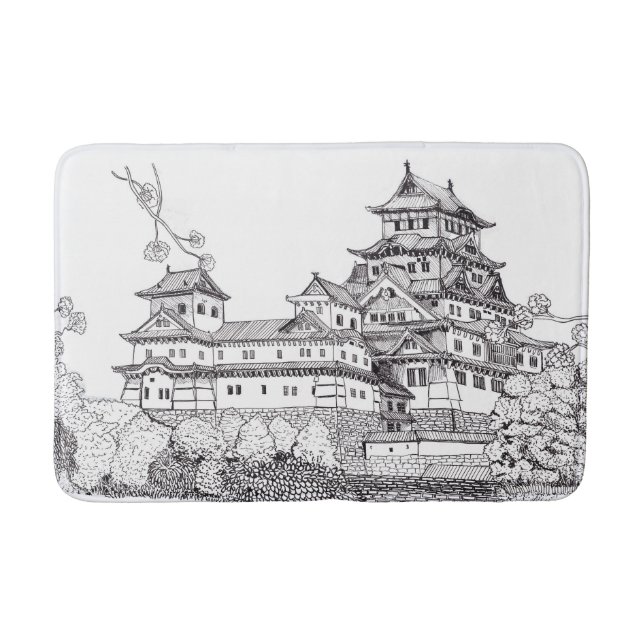 Burg Osaka Japan Schwarz-weiße Illustration Badematte (Vorderseite)