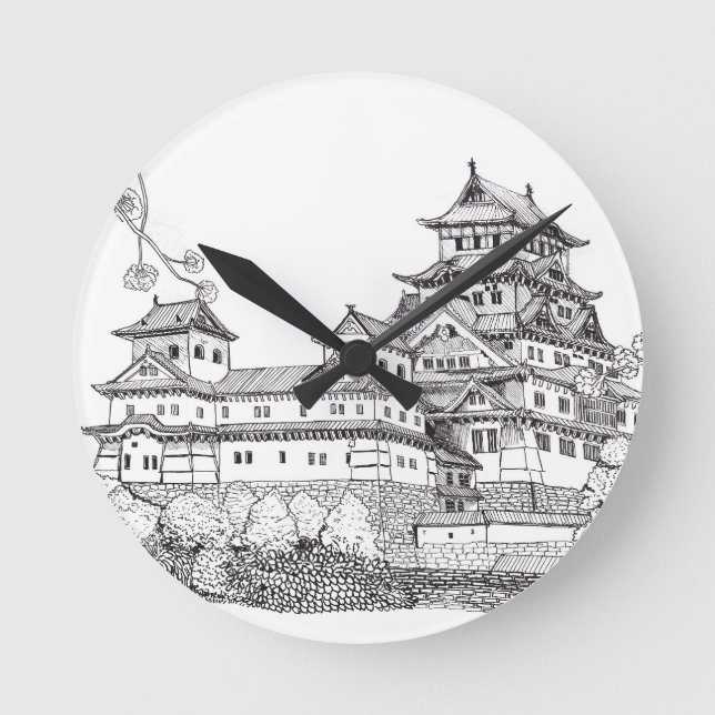 Burg Osaka Japan Schwarz-weiße Illustration Runde Wanduhr (Vorderseite)