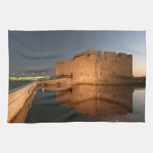 Burg Paphos und Denkmäler bei Sonnenuntergang Geschirrtuch (Horizontal)