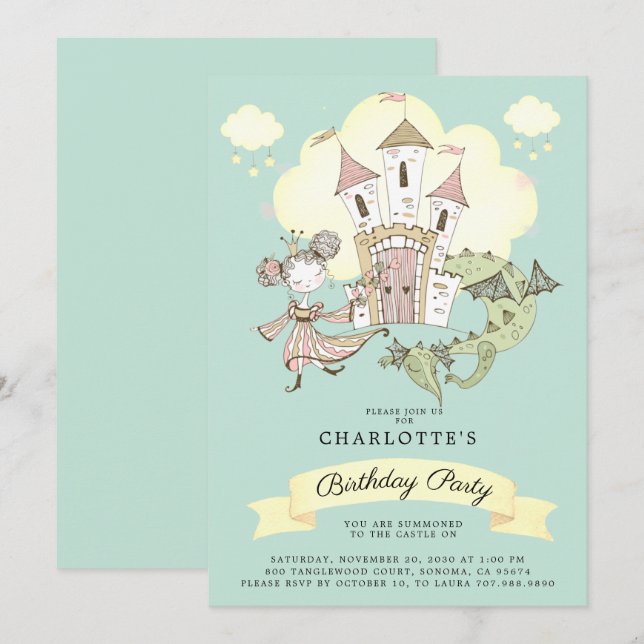 Burg Princess Dragon Girl's Blue Birthday Einladung (Vorne/Hinten)
