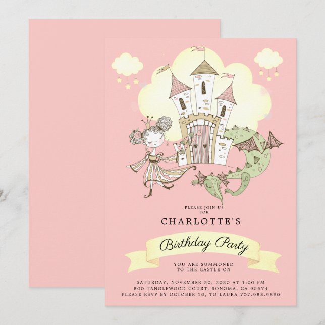 Burg Prinzessin Dragon Girl's Pink Geburtstag Einladung (Vorne/Hinten)