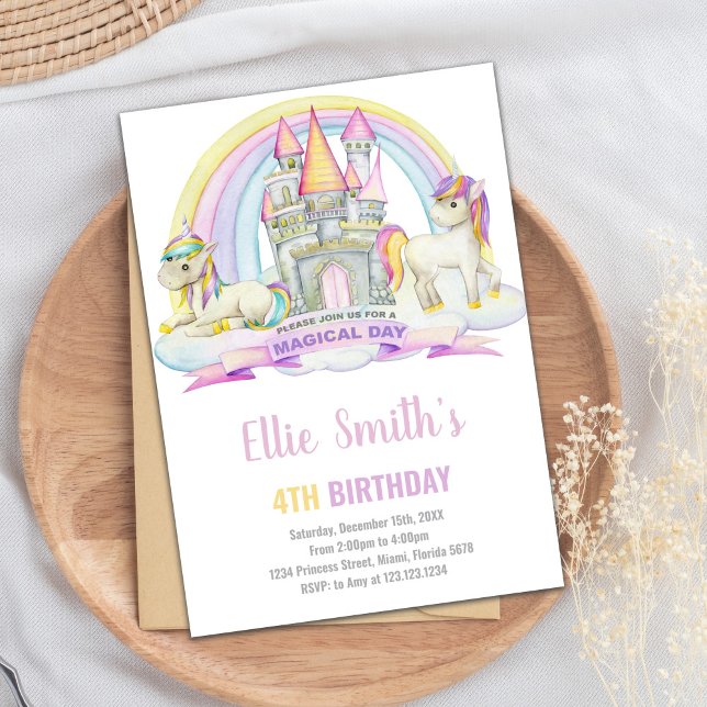 Burg unter Rainbow Unicorn Einladung zum Geburtsta (Castle Under Rainbow Unicorn Birthday Invitations)