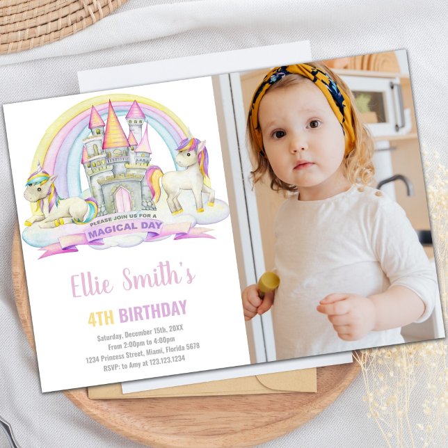 Burg Unter Regenbogen Einhorn Foto Einladung (Castle Under Rainbow Unicorn Birthday photo Invitation)