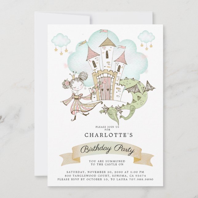 Burg Wasserfarbe Prinzessin Dragon Girl Einladung (Vorderseite)