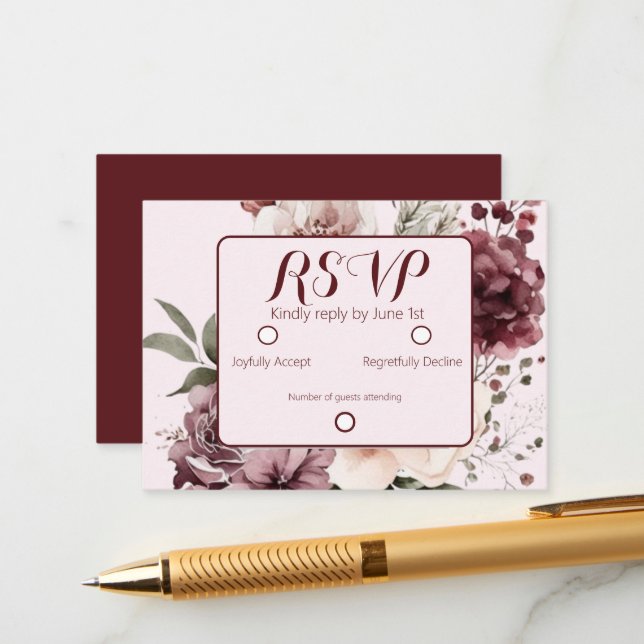 Burgandy Blush Floral Wedding RSVP Begleitkarte (Vorderseite/Rückseite Beispiel)