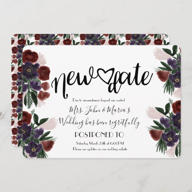 Burgandy Floral New Date Stornierung Hochzeit Einladung (Vorne/Hinten)
