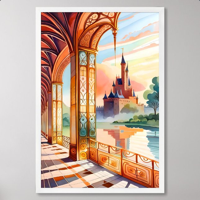 Burgbild aus goldstrukturiertem Korridor Poster (castle painting view from gold textured corridor)