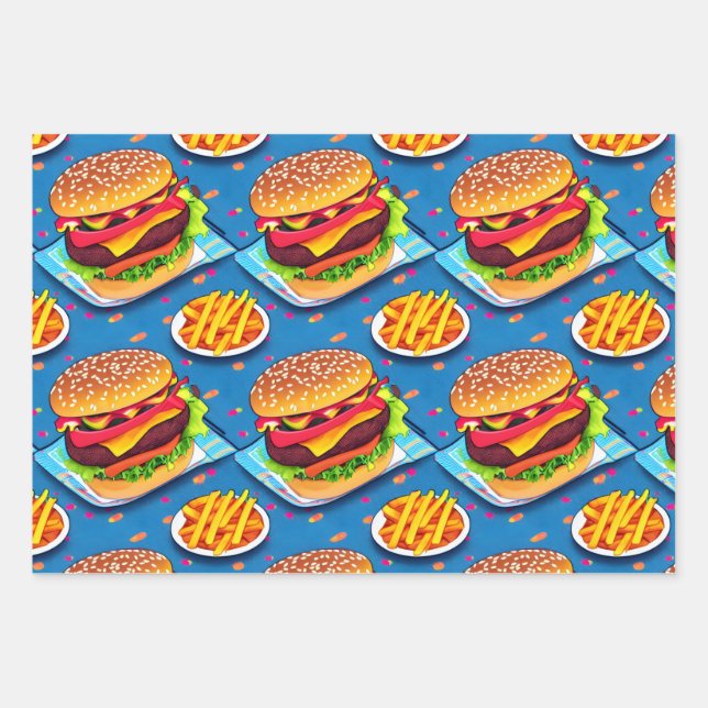 Burger and Fries Colorful Cartoon Illustration Geschenkpapier Set (Vorderseite)