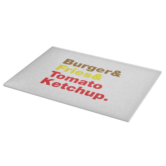Burger & Fries & Tomato Ketchup. Schneidebrett (Ecke)