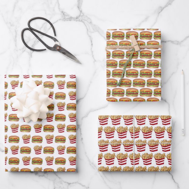 Burger und Fries Fast Food Cheeseburger Französisc Geschenkpapier Set (Vorderseite)