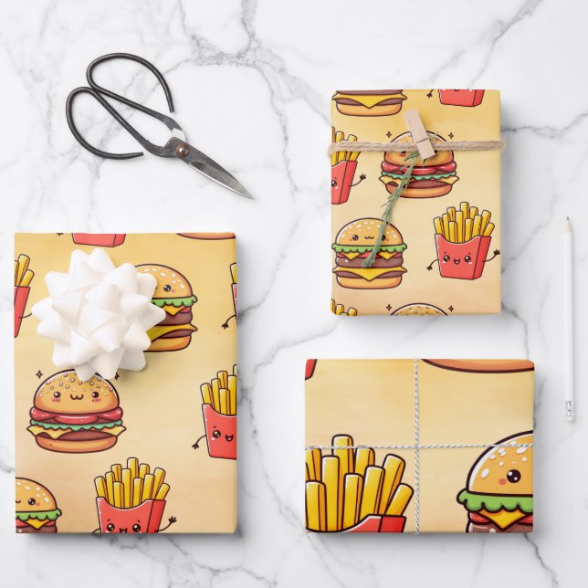 Burger und Fries Fun Kawaii Geschenkpapier Set (Vorderseite)
