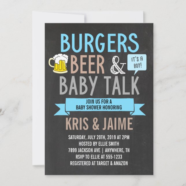 Burgers Beer & Baby Talk Boy Baby Dusche Einladung (Vorderseite)