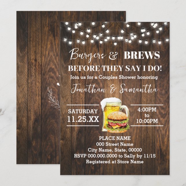 Burgers & Brews bevor ich Western Paare Dusche Einladung (Vorne/Hinten)