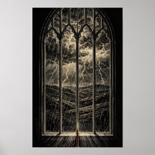 Burgfenster in einem Sturm mit Blitzlinienkunst Poster