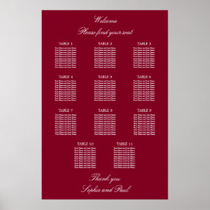 Burgund 11 Tisch Hochzeit Sitzordnung Poster