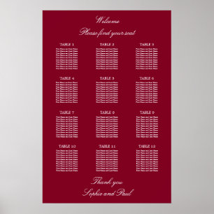 Burgund 12 Tisch Hochzeits-Sitzplan Poster
