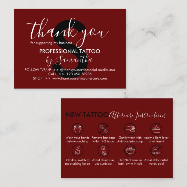 Burgund Aftercare Instructions Tattoo Vielen Dank Visitenkarte (Vorne/Hinten)