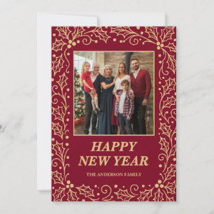 Burgund & Antik-Gold Familien-Neujahrsfoto Feiertagskarte