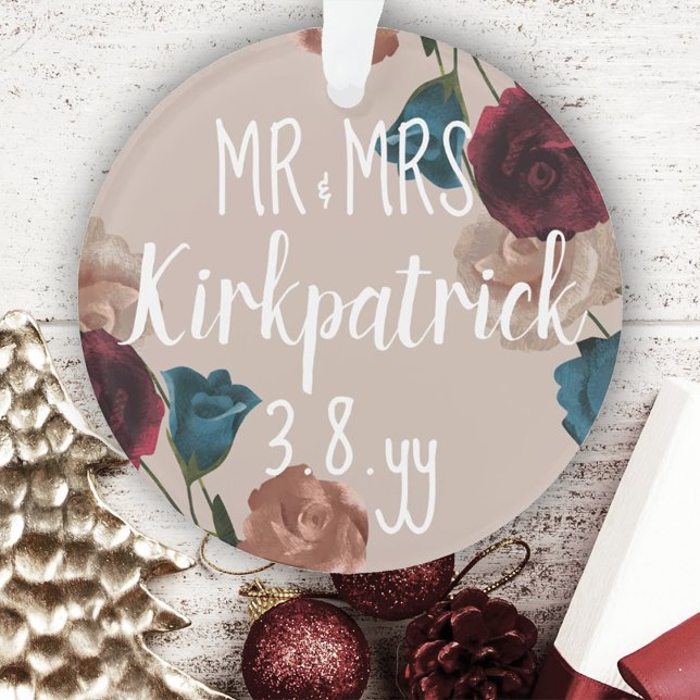 Burgund, Aquamarin, Beige Hochzeiten Rose Weihnach Ornament (Newlywed Tree Ornament, Beige, Teal Green Burgundy Roses, First Christmas Gift)