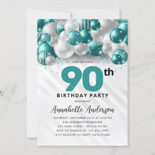 Burgund Aquamarin Silver Balloon Glitzer 90. Gebur Einladung