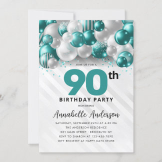 Burgund Aquamarin Silver Balloon Glitzer 90. Gebur Einladung