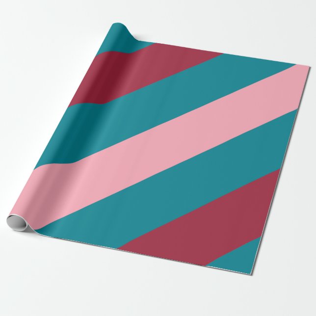 Burgund, Aquamarin und rosa, Diagonal gestreift |  Geschenkpapier (Ungerollt)