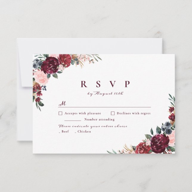 Burgund Aquarell Blütenblütenhochzeit RSVP Karte (Vorderseite)