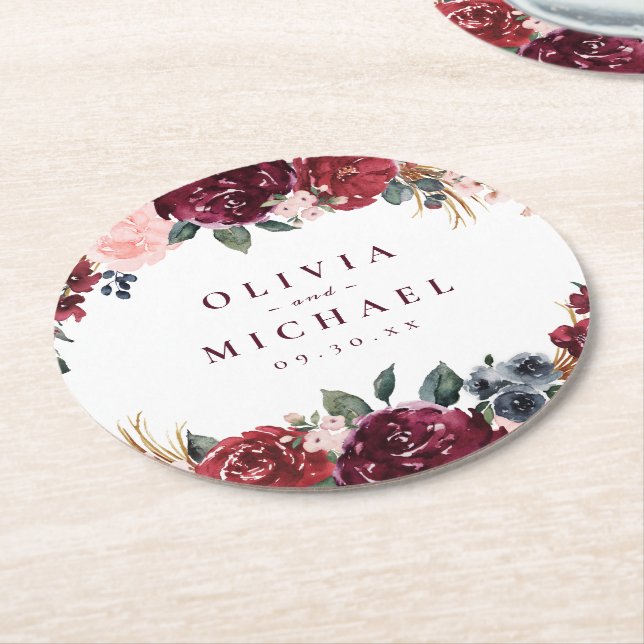 Burgund Aquarell Blütenblütenhochzeit Runder Pappuntersetzer (Angewinkelt)