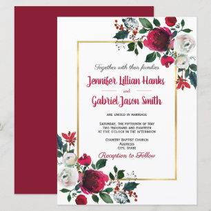 Burgund Aquarell Rose Blütengoldrahmen Hochzeit Einladung