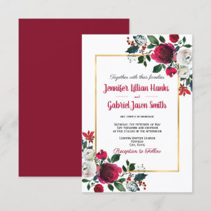Burgund Aquarell Rose Blütengoldrahmen Hochzeit Einladung